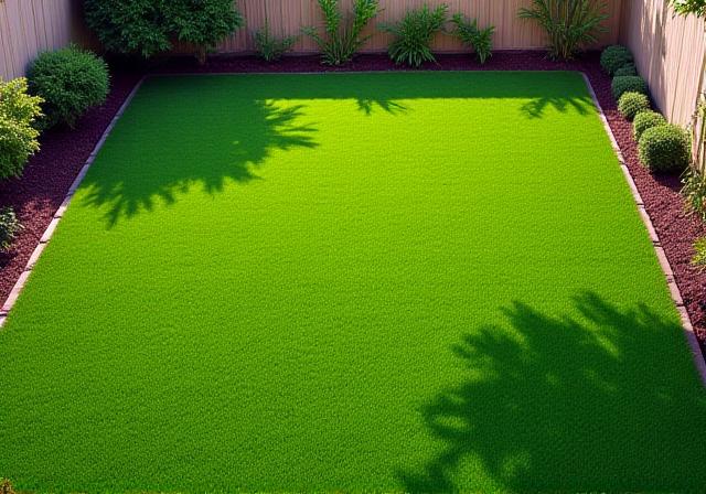 Recently installed fresh green sod in a residential backyard