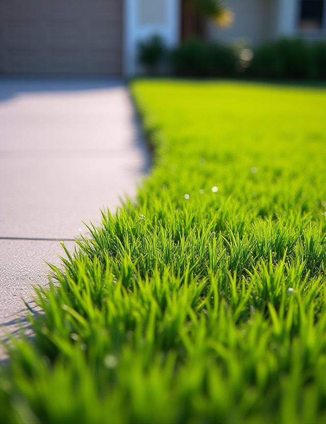 Perfectly edged residential driveway with lush green lawn